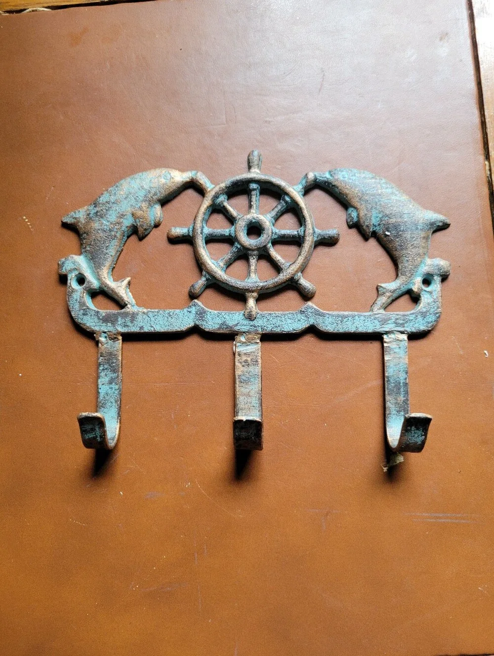 Cast Iron Nautical Dolphin and Ship's Wheel Key Hook Rack